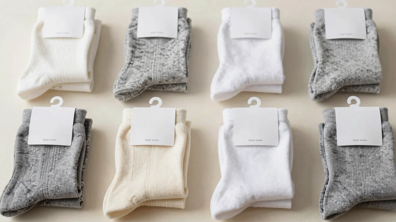 Bright studio product photography, neatly packaged soft hosiery goods and cotton socks, clean neutral background, soft d
