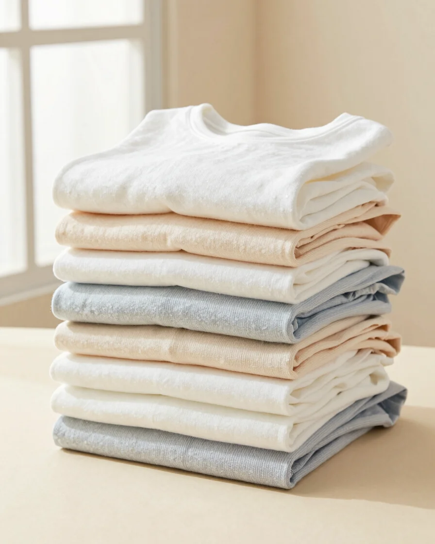 Neat stack of folded cotton garments and soft hosiery on a warm neutral background, bright natural window daylight, 50mm