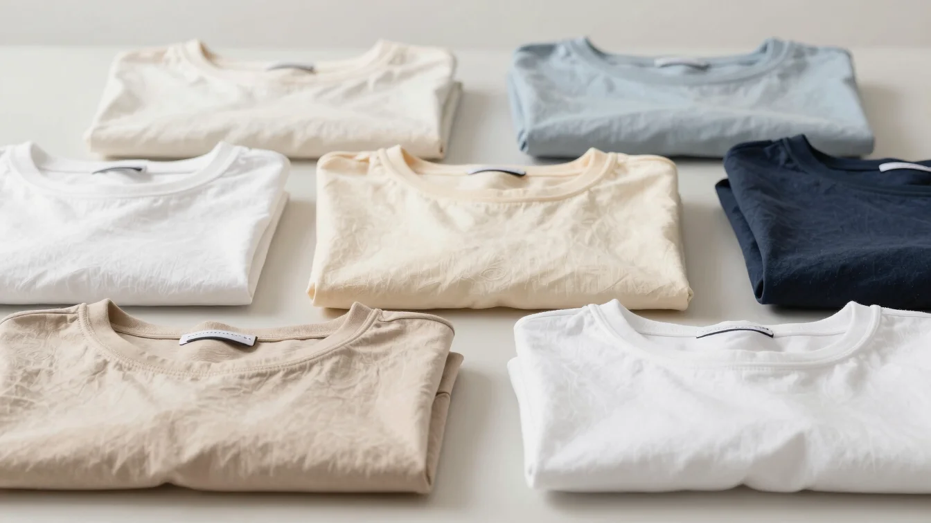 Bright studio product photography, neatly arranged everyday readymade clothing on a clean surface, crisp fabric texture,